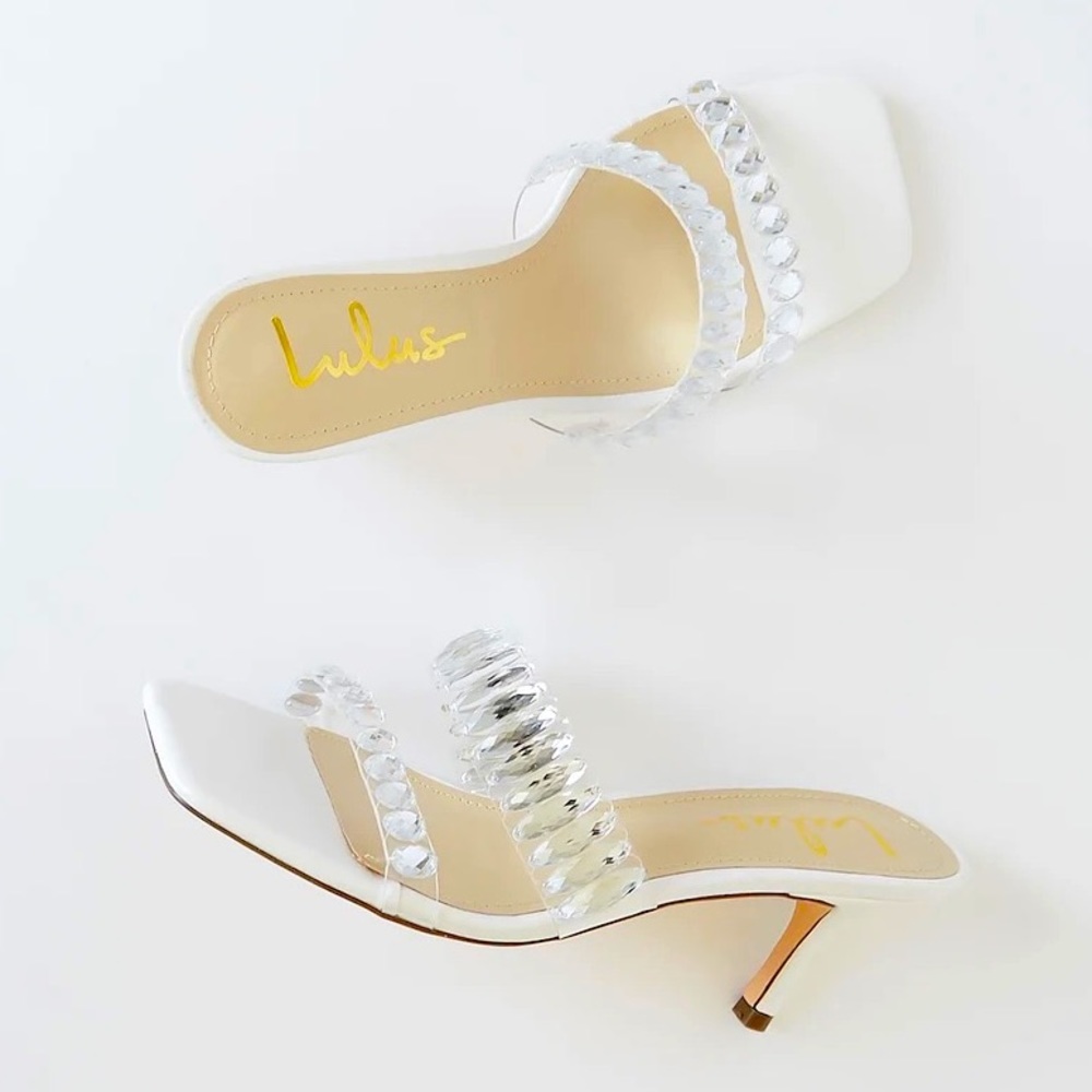 Lulu’s White Jewel/Rhinestone Embellished Kitten Heel Square Toe Sandal(Jazelle)